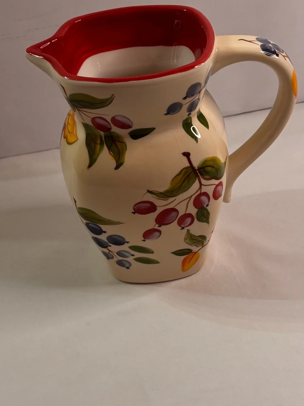 Hand-Painted Ceramic Fruit Pitcher - Cream Exterior with Red Interior - Picture 3 of 10